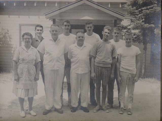 1962 Kitchen Staff
Front: Mrs Morin, Phil Hodgson, Ed Pickford, Don Risser, Marshall Strode
Back: John Sibley, Ted Veit, Ralph Reckis, Bill Thoms
Absent: John Hardenbergh